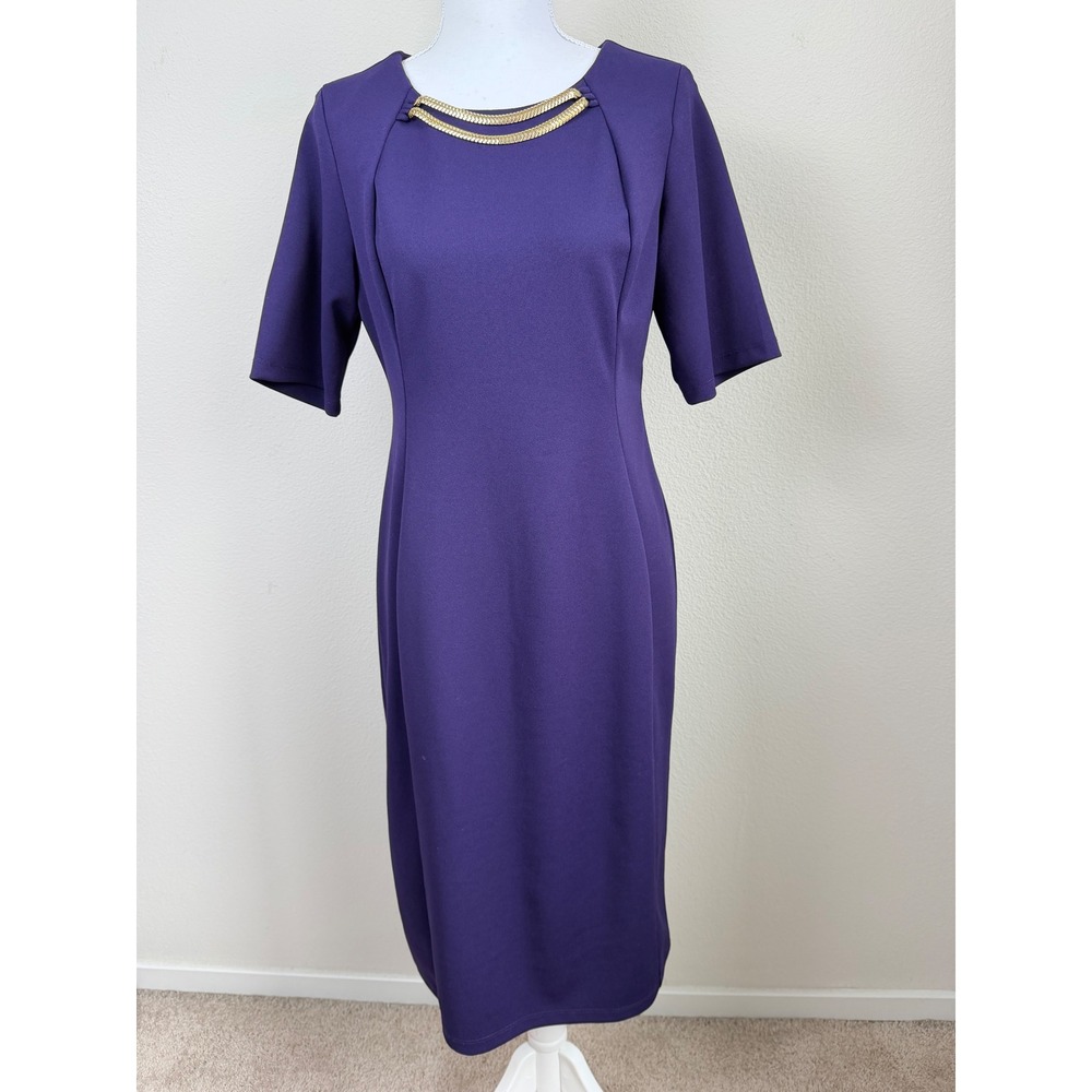 Shelby & Palmer Womens Scuba Sheath Dress 10 Purple Gold Chain Neck Short Sleeve